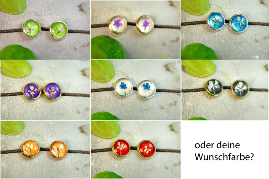 Lieblingsprodukt - Kleine, runde Ohrstecker mit echten, farbenfrohen Blüten - ein einzigartiges Geschenk für die moderne, stilbewusste Frau