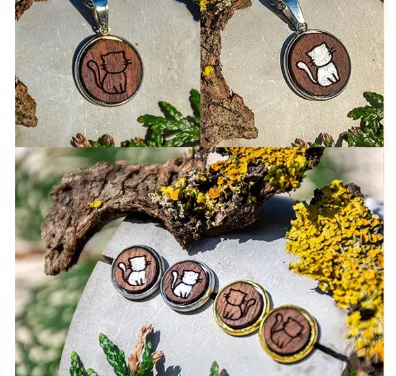 Außergewöhnliches Schmuckset aus Walnussholz mit Katzenmotiv als Weihnachtsgeschenk für Frauen