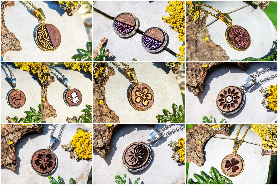 Personalisierter Anhänger aus Walnussholz mit Wunschmotiv, handgefertigter Schmuck mit Edelstahlkette
