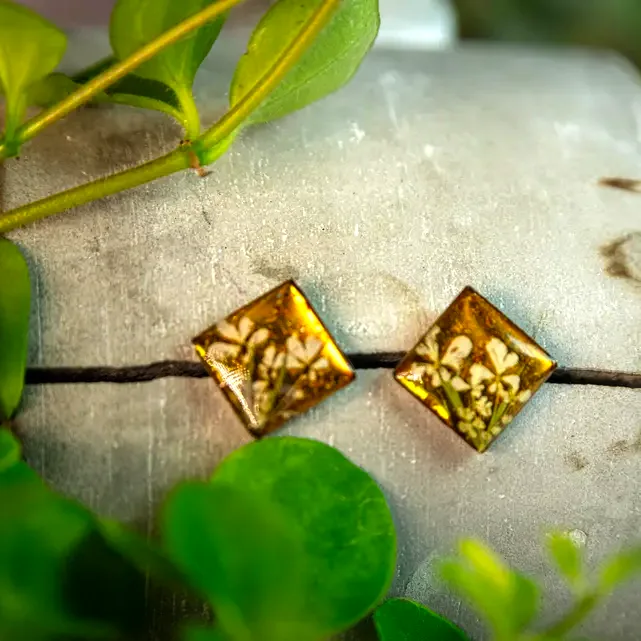 Goldgelbe Ohrstecker mit echten weißen Blüten – handgefertigter Schmuck aus Epoxidharz und Edelstahl.