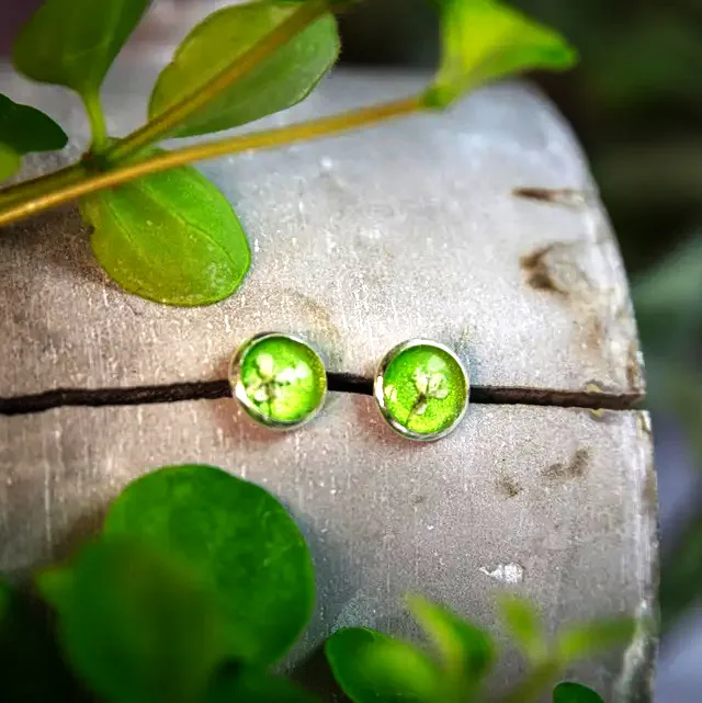 Grün-weiße Ohrstecker mit echten Blüten im Epoxidharz – handgefertigter Schmuck aus Edelstahl, ideales Weihnachtsgeschenk für Frauen.