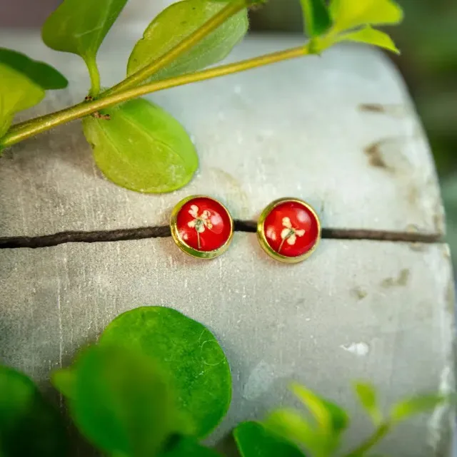Rot-weiße Ohrstecker mit echten Blüten im Harz – handgefertigter Schmuck aus Edelstahl in goldfarbener Optik, besonderes Weihnachtsgeschenk für Frauen.