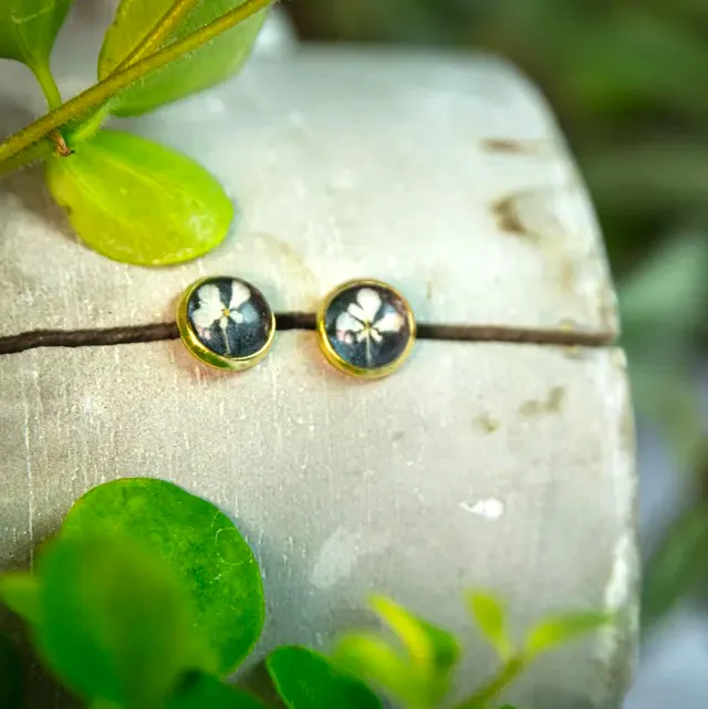 Schwarz-weiße Ohrstecker mit echten Blüten im Epoxidharz – handgefertigter Schmuck aus Edelstahl mit Goldoptik, ideales Weihnachtsgeschenk für Frauen.